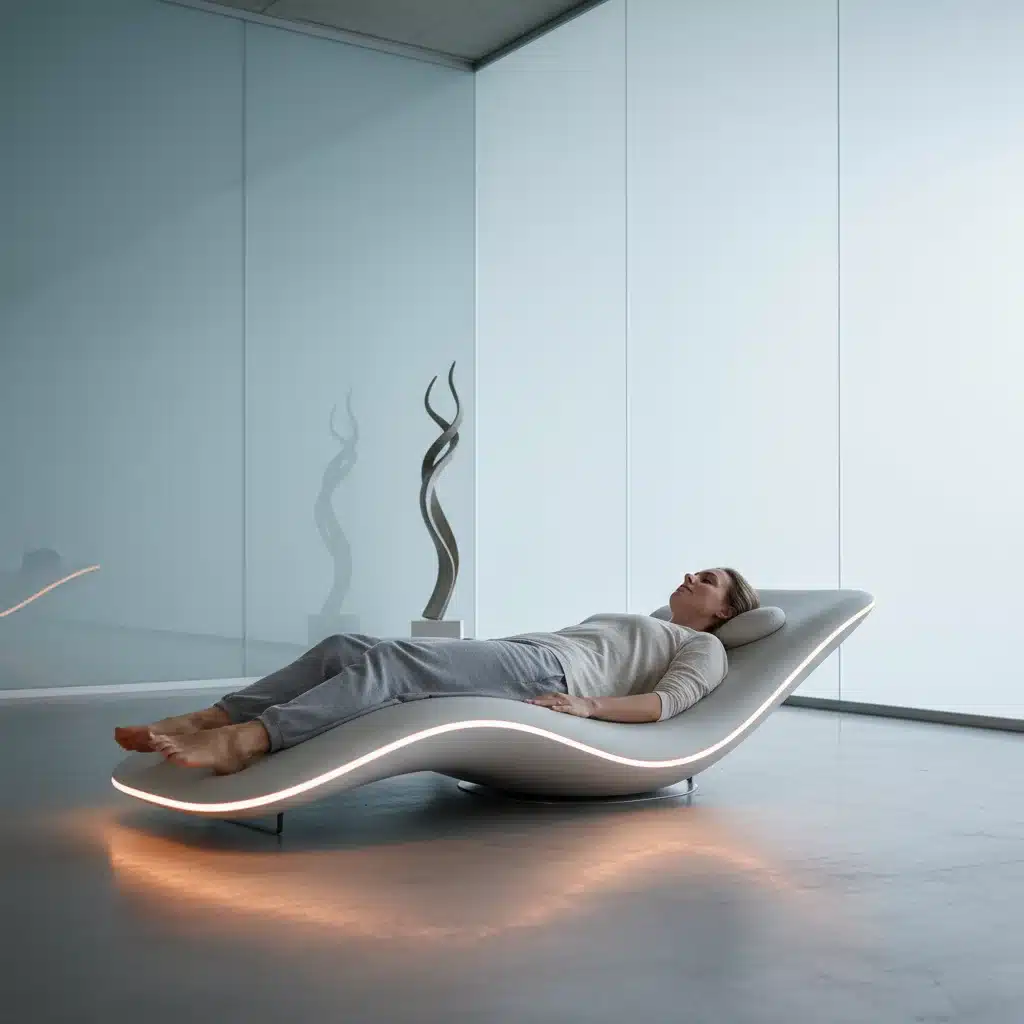 Person on 'Zero-Gravity Yoga Mat' experiencing weightlessness, surrounded by ambient light in a modern setting.