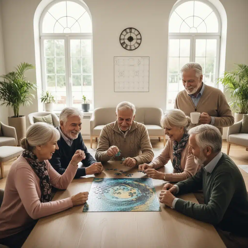 Grupo de adultos mayores concentrados en un juego de mesa, promoviendo la actividad cerebral y la detección temprana.