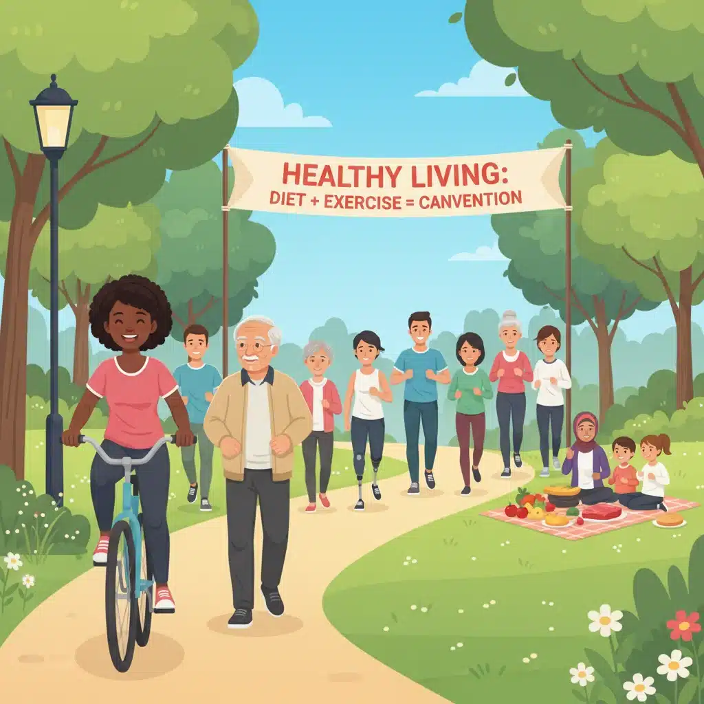 Grupo diverso de personas realizando actividad física moderada, complementando una dieta saludable para la prevención de enfermedades.