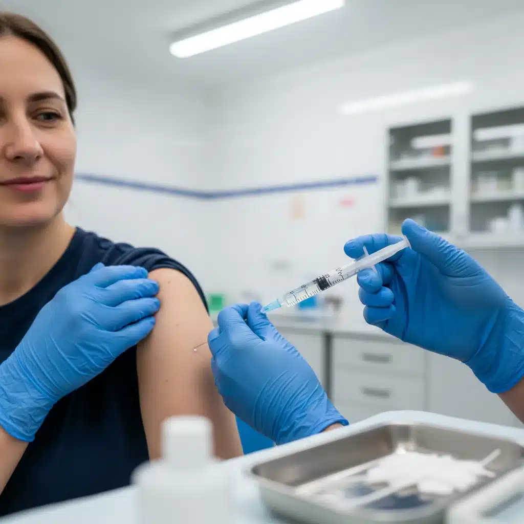 Profesional de la salud administrando una vacuna a un adulto en un consultorio médico.