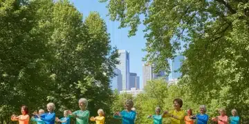 Deporte y Edad: Actividad Física Adaptada para Mayores de 50 en 2026 Grupo de adultos mayores haciendo ejercicio al aire libre en un parque soleado, sonriendo y disfrutando de la actividad física.