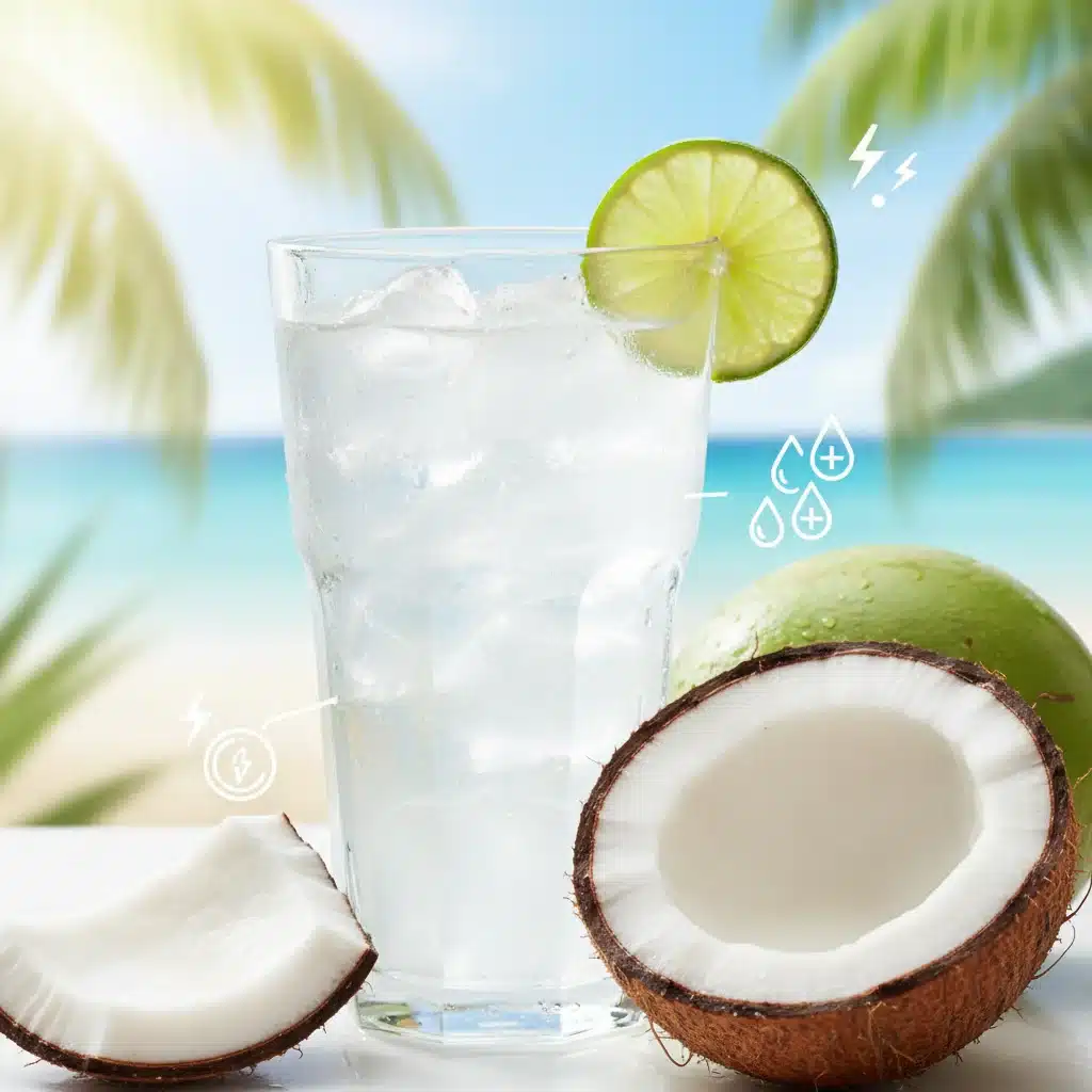 Agua de coco fresca con lima, un electrolito natural para la hidratación.