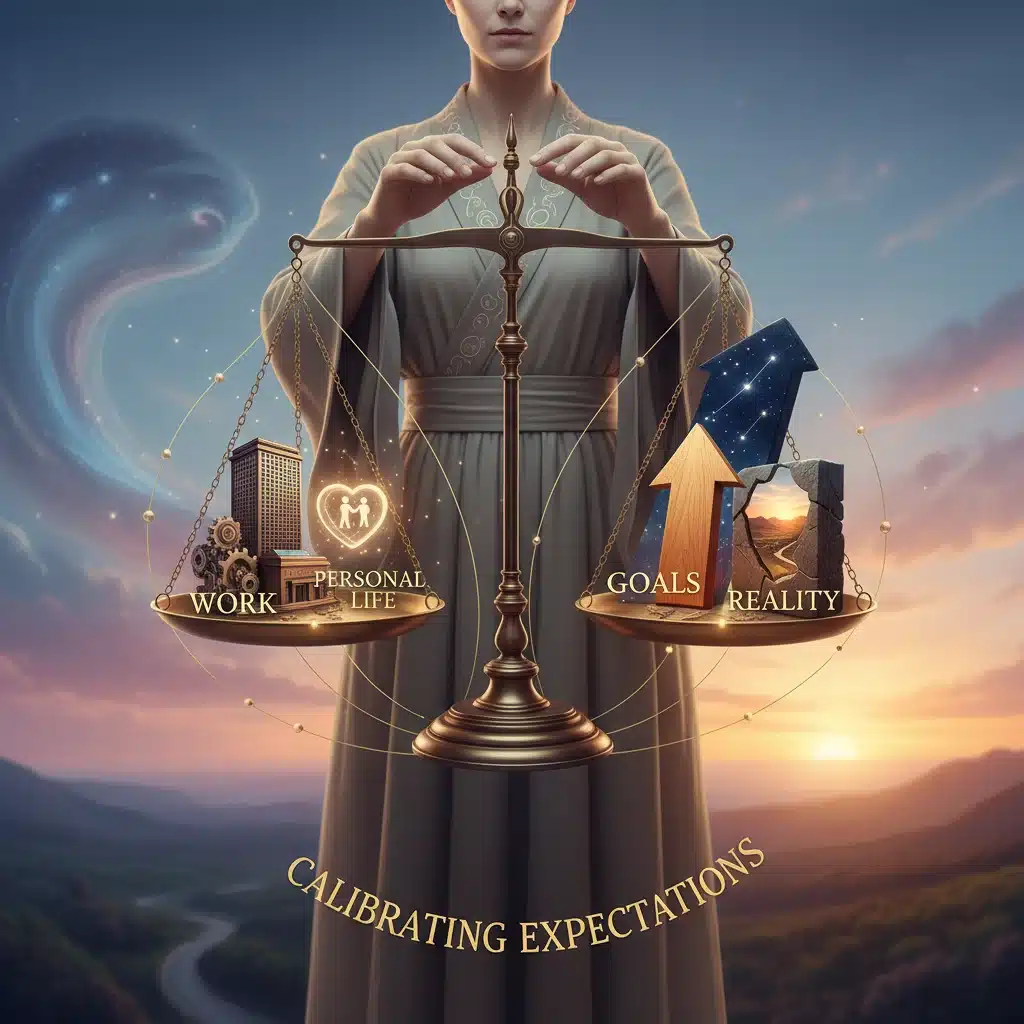 Persona equilibrando elementos en una balanza, representando el ajuste de expectativas.