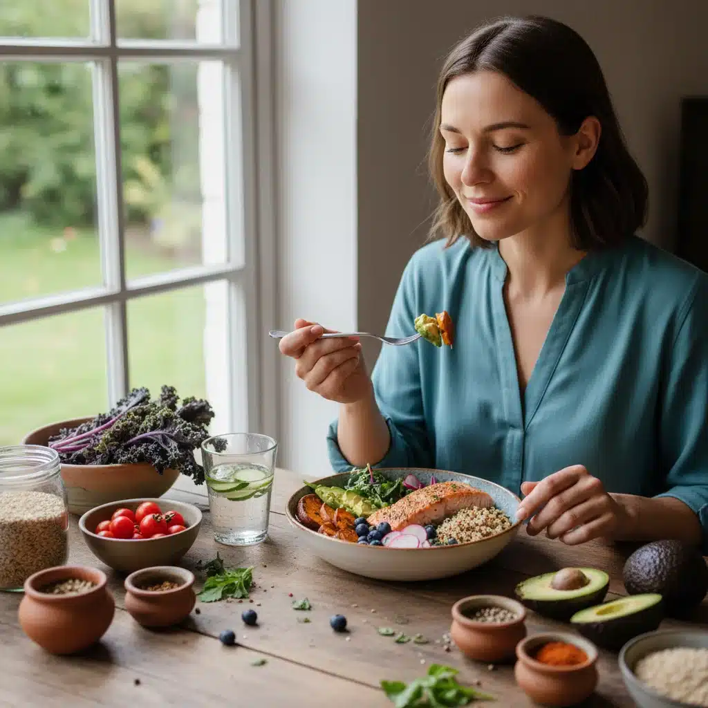 Persona practicando alimentación consciente con una comida saludable, promoviendo el bienestar y la reducción del estrés.