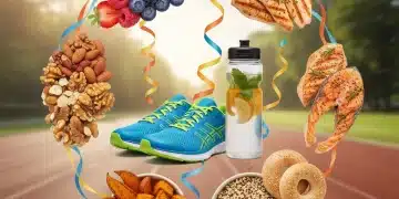 Variedad de alimentos saludables y equipo deportivo para energía y recuperación.
