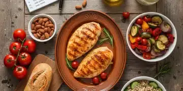 Mesa con alimentos saludables y calendario del desafío de 21 días 2026 en España