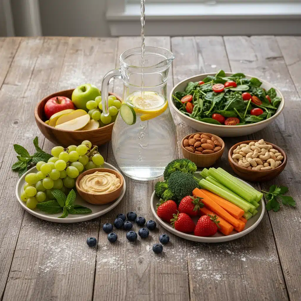 Alimentos saludables beneficiosos para la salud dental, como frutas y verduras