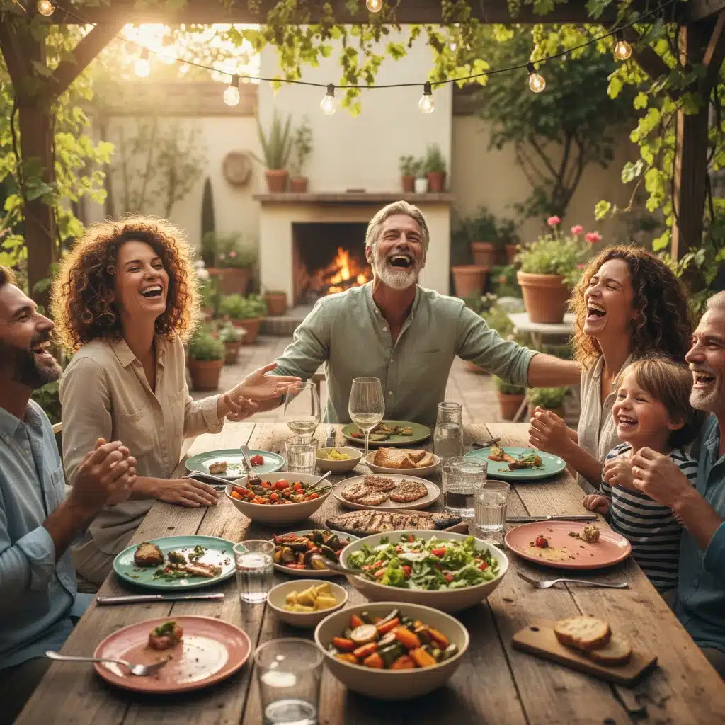 Grupo de amigos compartiendo una comida y riendo, mostrando conexión social y gratitud.