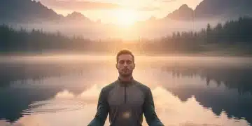 Atleta meditando en la naturaleza al amanecer, simbolizando calma y enfoque deportivo.