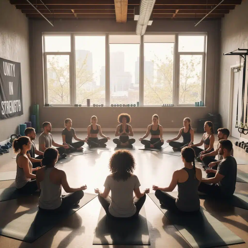 Grupo de atletas practicando meditación guiada en un estudio, fomentando la práctica colectiva.