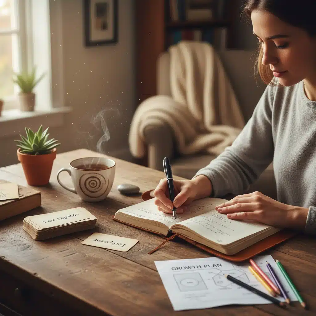 Persona escribiendo en un diario, practicando la autorreflexión para mejorar la autoestima.