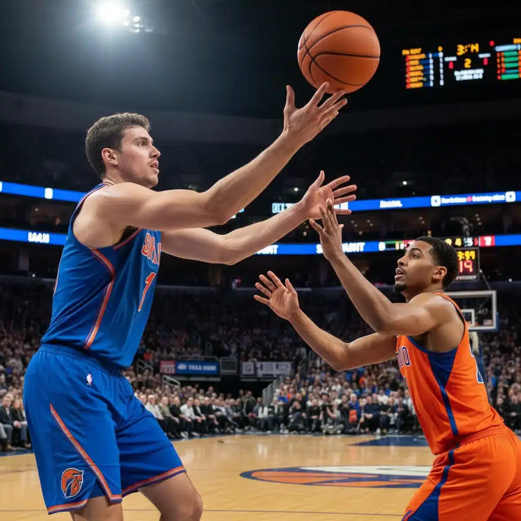 Jugador de baloncesto pasando el balón a un compañero para anotar, ejemplificando la coordinación, la confianza y el trabajo en equipo en acción.