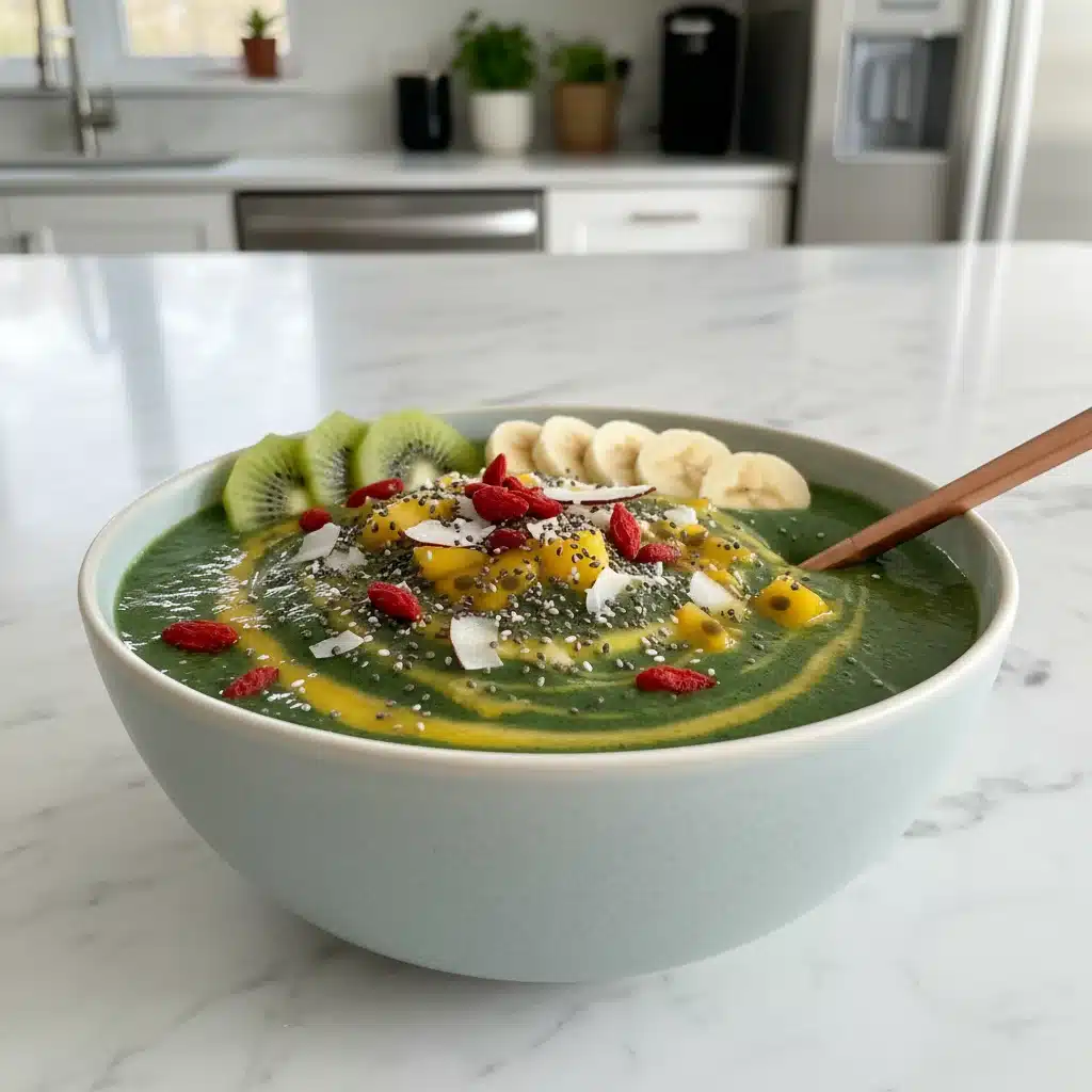 Batido verde energizante con espirulina y chlorella, preparado en una cocina moderna, símbolo de nutrición avanzada.