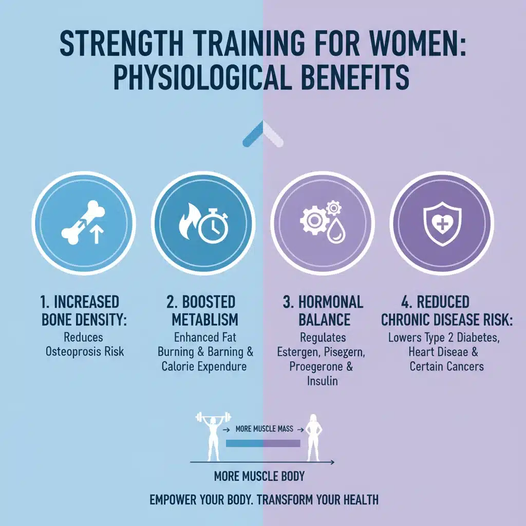 Infografía detallando los beneficios fisiológicos del entrenamiento de fuerza para la salud ósea, metabolismo y equilibrio hormonal en mujeres.