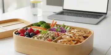 Bento box con comida saludable y variada para almuerzo de oficina en España.