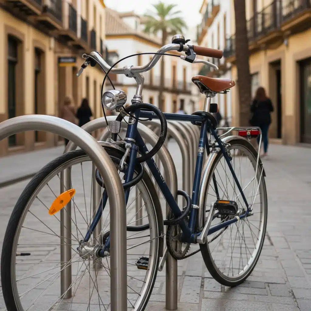 Bicicleta urbana equipada con luces y candado en un aparcamiento seguro