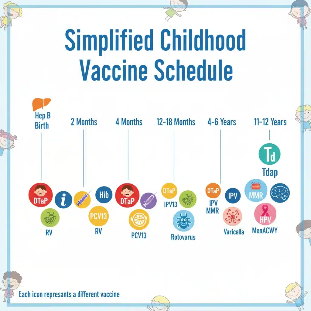 Gráfico explicativo del calendario de vacunación infantil por edades y tipos de vacunas.