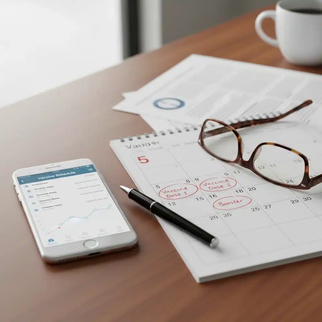 Calendario y teléfono mostrando el calendario de vacunación para adultos y planificación de citas.