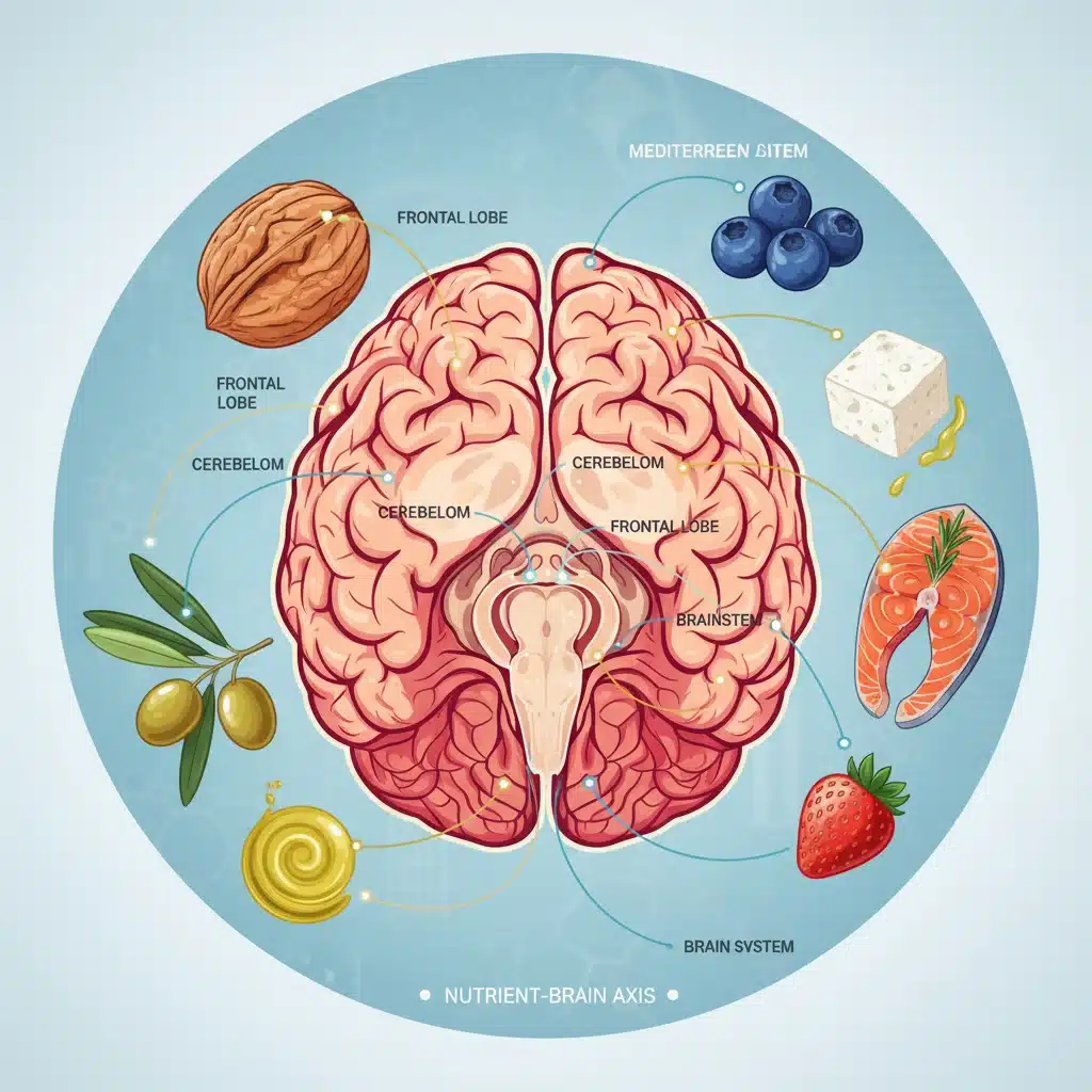 Ilustración del cerebro humano rodeado de alimentos mediterráneos como nueces, salmón y bayas, simbolizando su impacto nutricional.