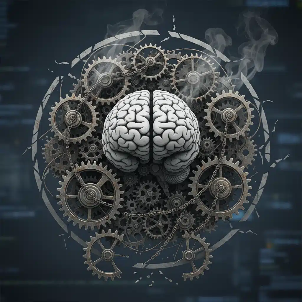 Icono de cerebro con engranajes atascados, simbolizando sobrecarga mental y fatiga cognitiva.