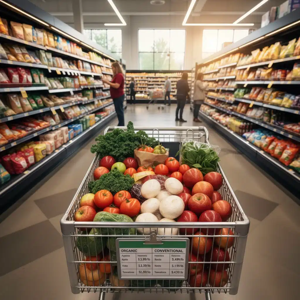 Cesta de la compra con productos ecológicos y convencionales, mostrando la comparación de precios en un supermercado moderno.