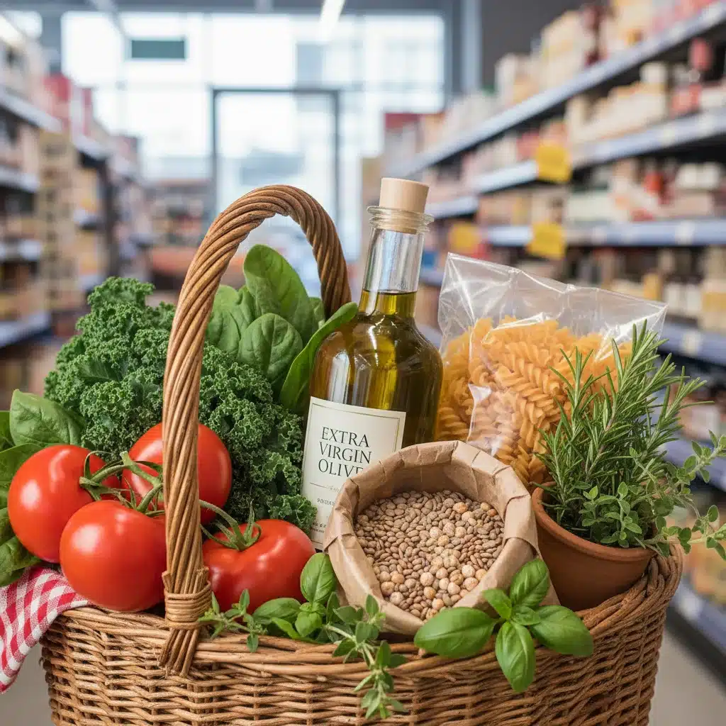 Cesta de la compra llena de alimentos frescos y no procesados de la dieta mediterránea.