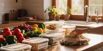 Cocina organizada con alimentos frescos y recipientes etiquetados para reducir el desperdicio