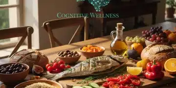 Mesa con alimentos frescos de la dieta mediterránea: pescado, verduras, frutas, aceite de oliva, pan integral. Representa la conexión con la salud cerebral.
