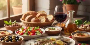 Mesa con un festín mediterráneo, incluyendo pescado, verduras frescas, aceite de oliva y pan integral.