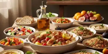 Mesa con comida mediterránea saludable para prevenir la diabetes tipo 2