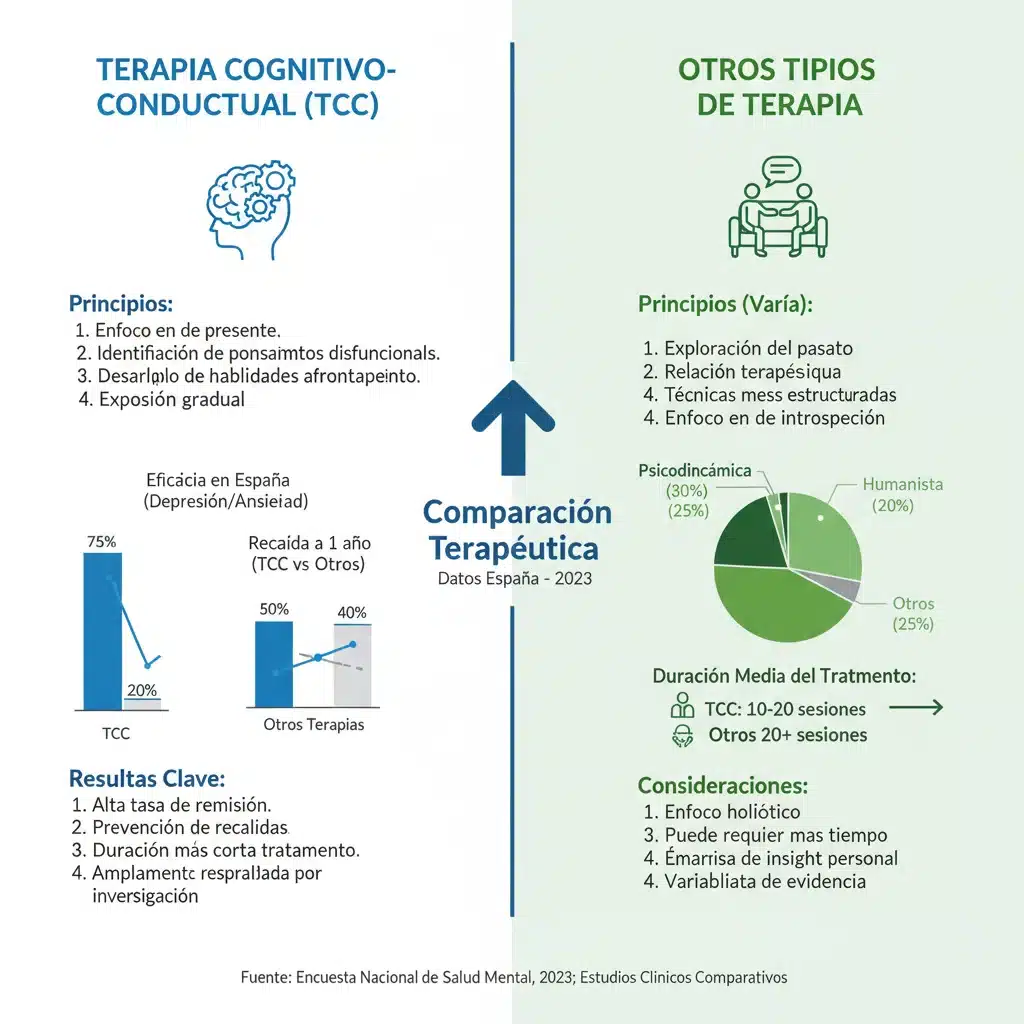 Infografía comparativa de la eficacia de la terapia cognitivo-conductual frente a otras terapias en España.