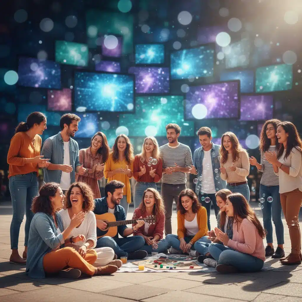 Grupo de personas interactuando socialmente en la vida real, destacando la conexión humana frente a pantallas digitales.
