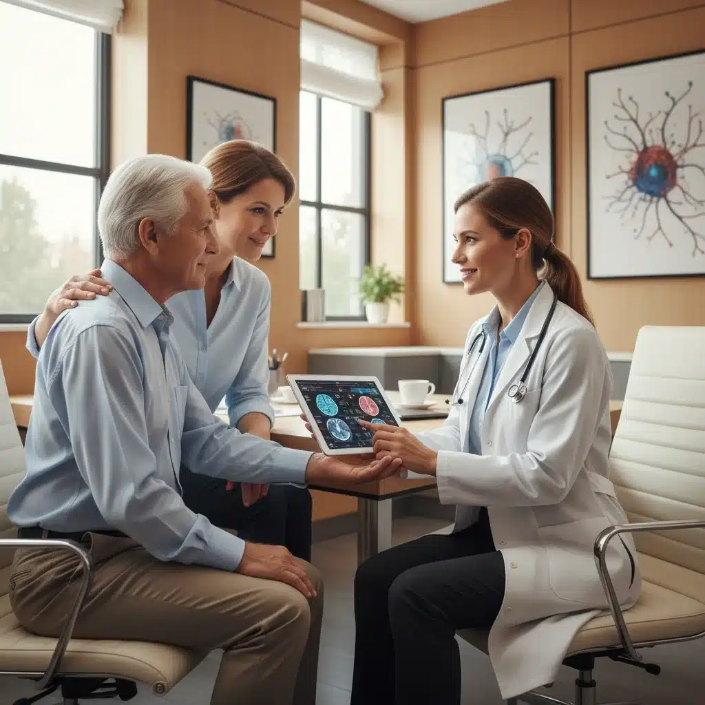 Neurólogo explicando resultados a un paciente mayor y su familia, destacando la consulta especializada en Alzheimer.