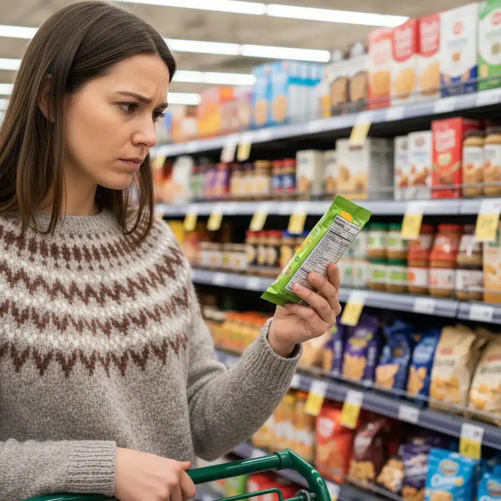 Consumidor leyendo atentamente la información nutricional de un producto en un supermercado, enfocándose en la salud.
