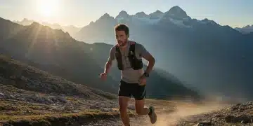 Corredor de resistencia superando un desafío en la montaña al amanecer.