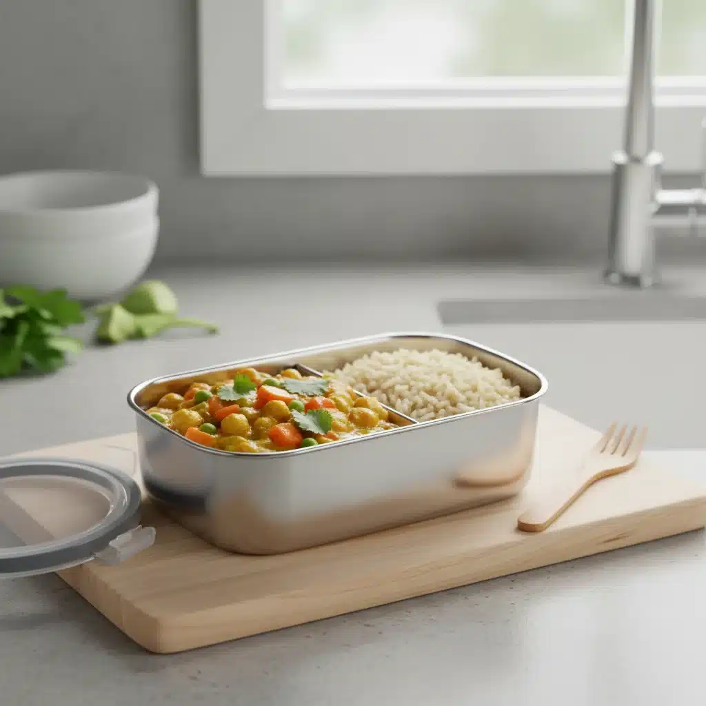 Contenedor con curry de garbanzos y arroz integral, listo para llevar.