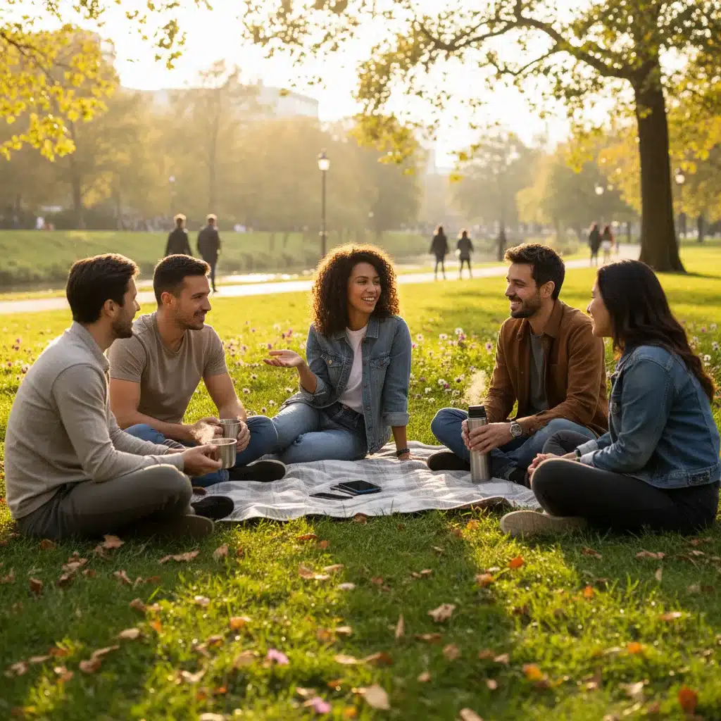 Amigos conversando y riendo en un parque, desconectados de sus teléfonos, valorando la conexión humana real.