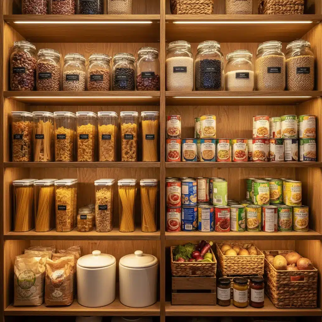 Despensa organizada con alimentos básicos y económicos para una dieta saludable.