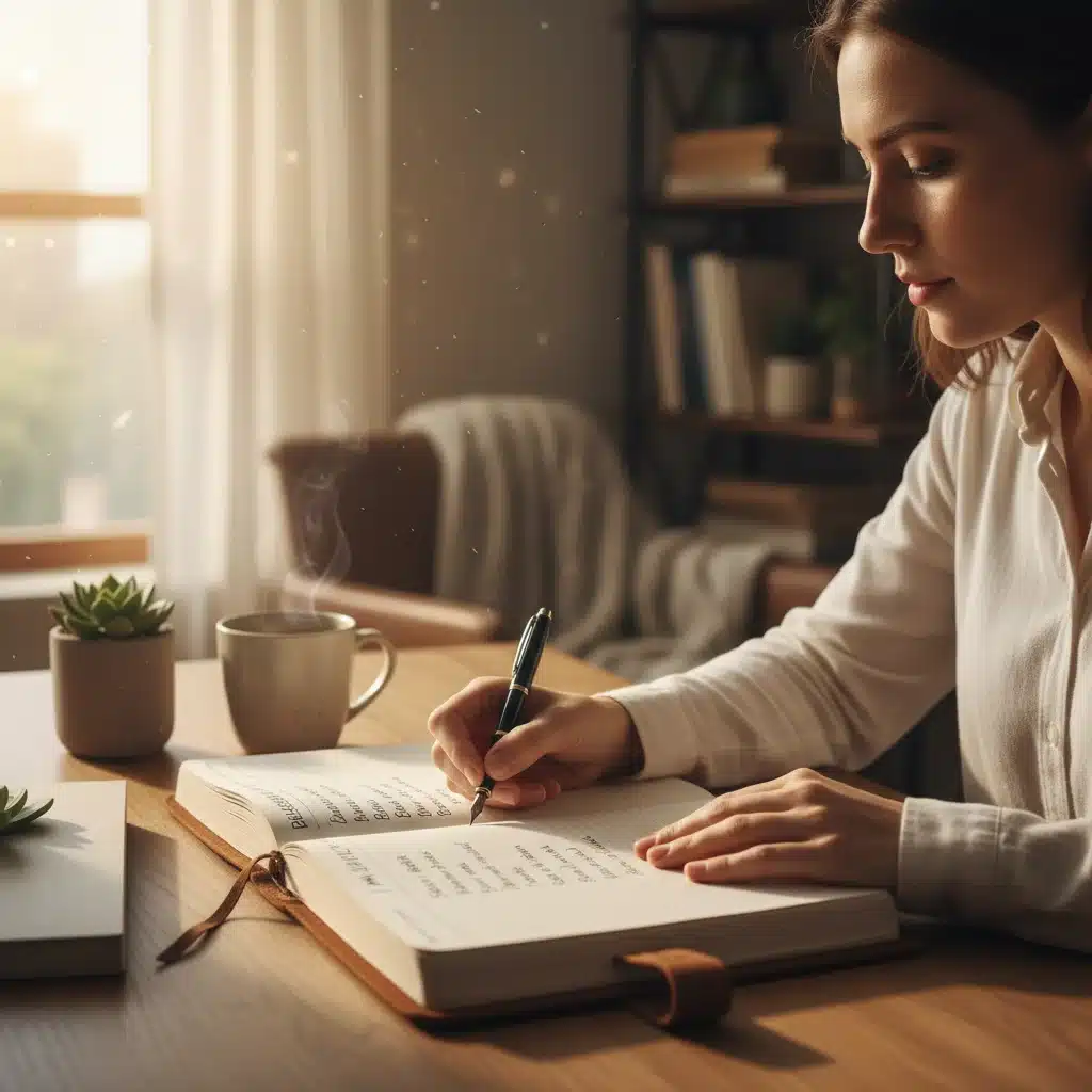 Persona escribiendo en un diario de gratitud, fomentando la reflexión positiva.
