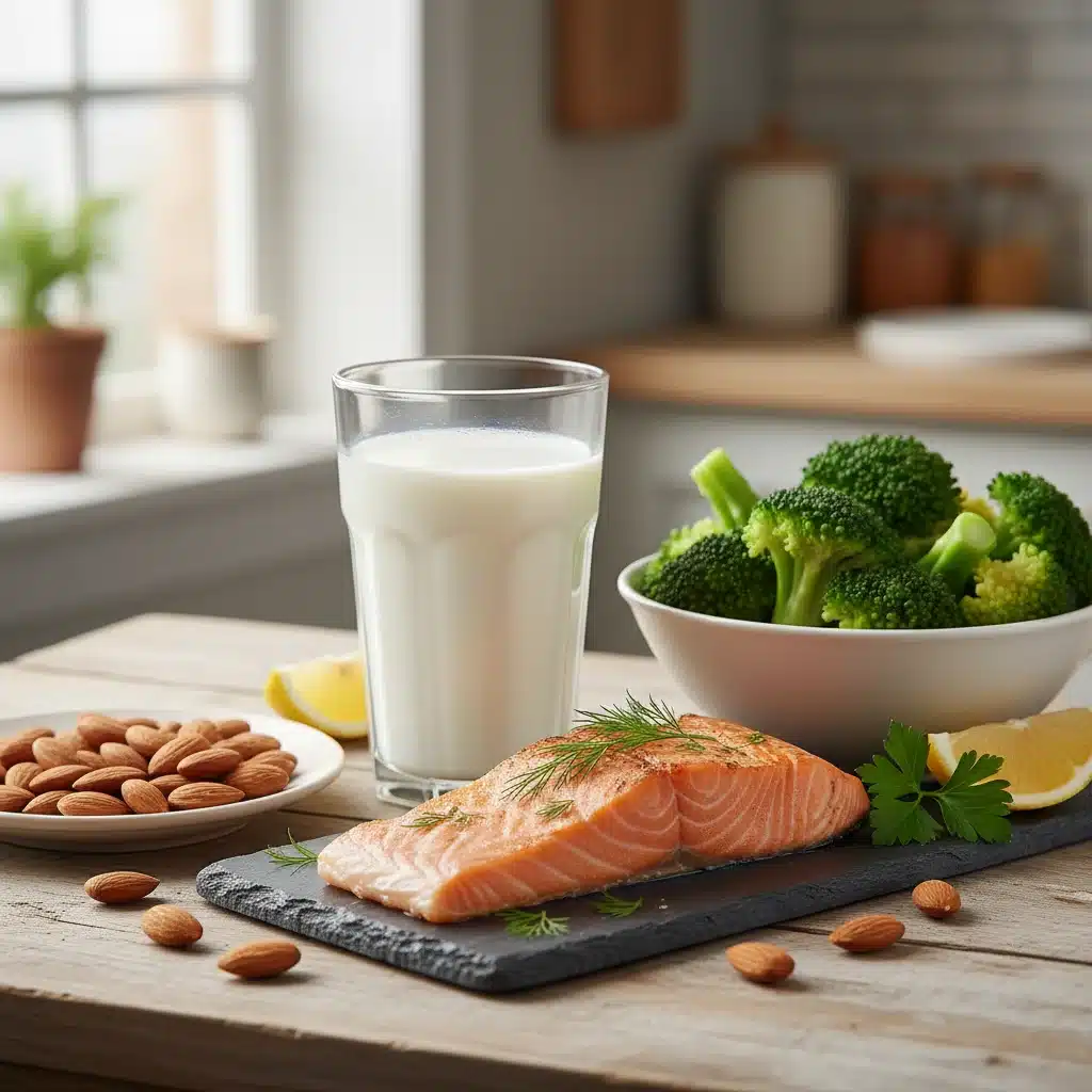 Comida equilibrada con alimentos ricos en calcio y vitamina D para huesos sanos.