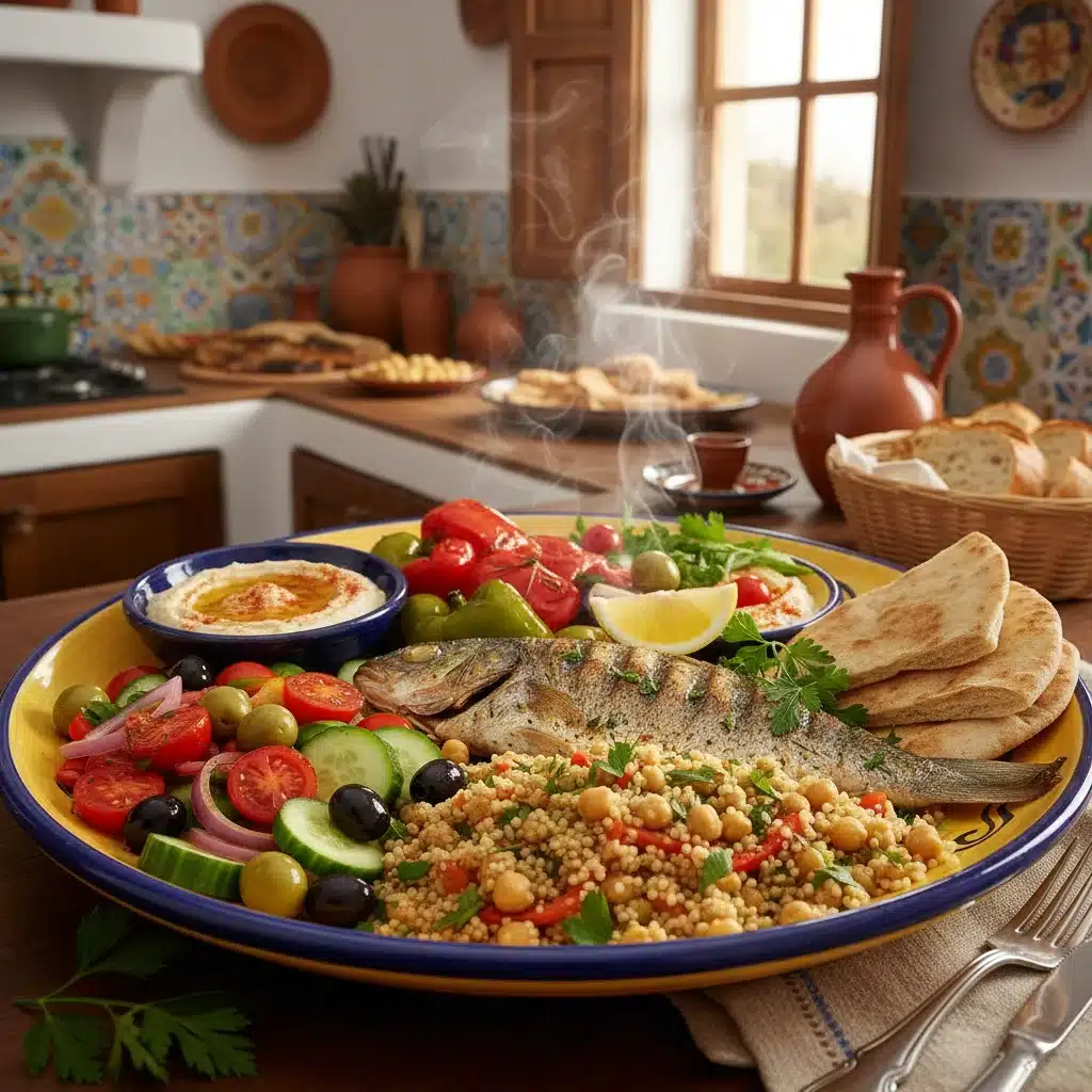 Plato de dieta mediterránea saludable con verduras y pescado en España.