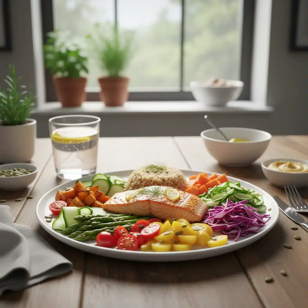 Plato colorido y equilibrado con vegetales, proteínas y granos, representando una dieta saludable.