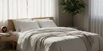 Dormitorio sereno con luz natural al amanecer, cama limpia y reloj despertador, simbolizando un descanso óptimo.