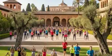 Grupo diverso haciendo ejercicio al aire libre en un parque soleado de España