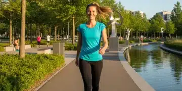 Persona sonriente haciendo ejercicio cardiovascular en un parque soleado