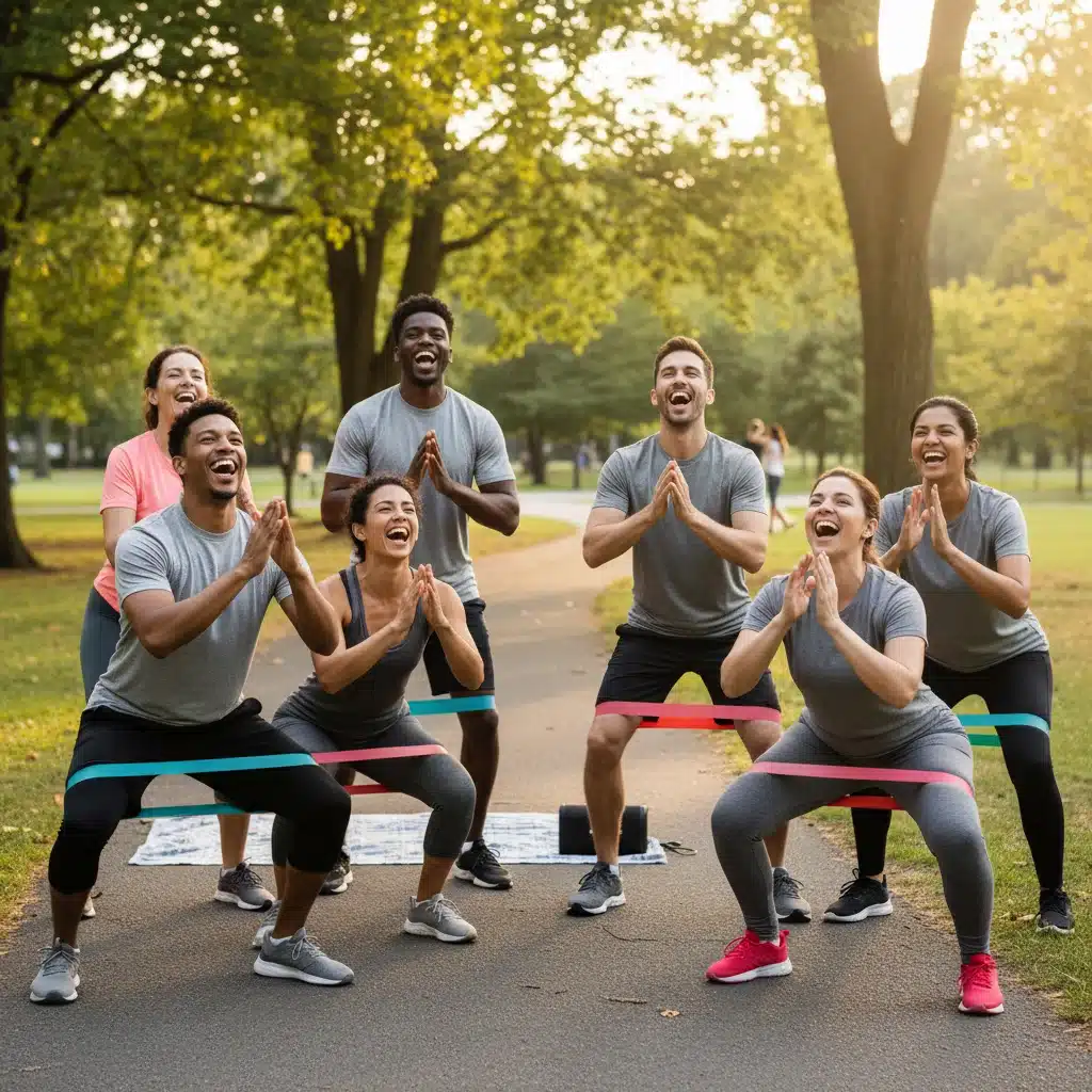 Grupo de personas sonriendo mientras hacen ejercicio al aire libre en un parque.