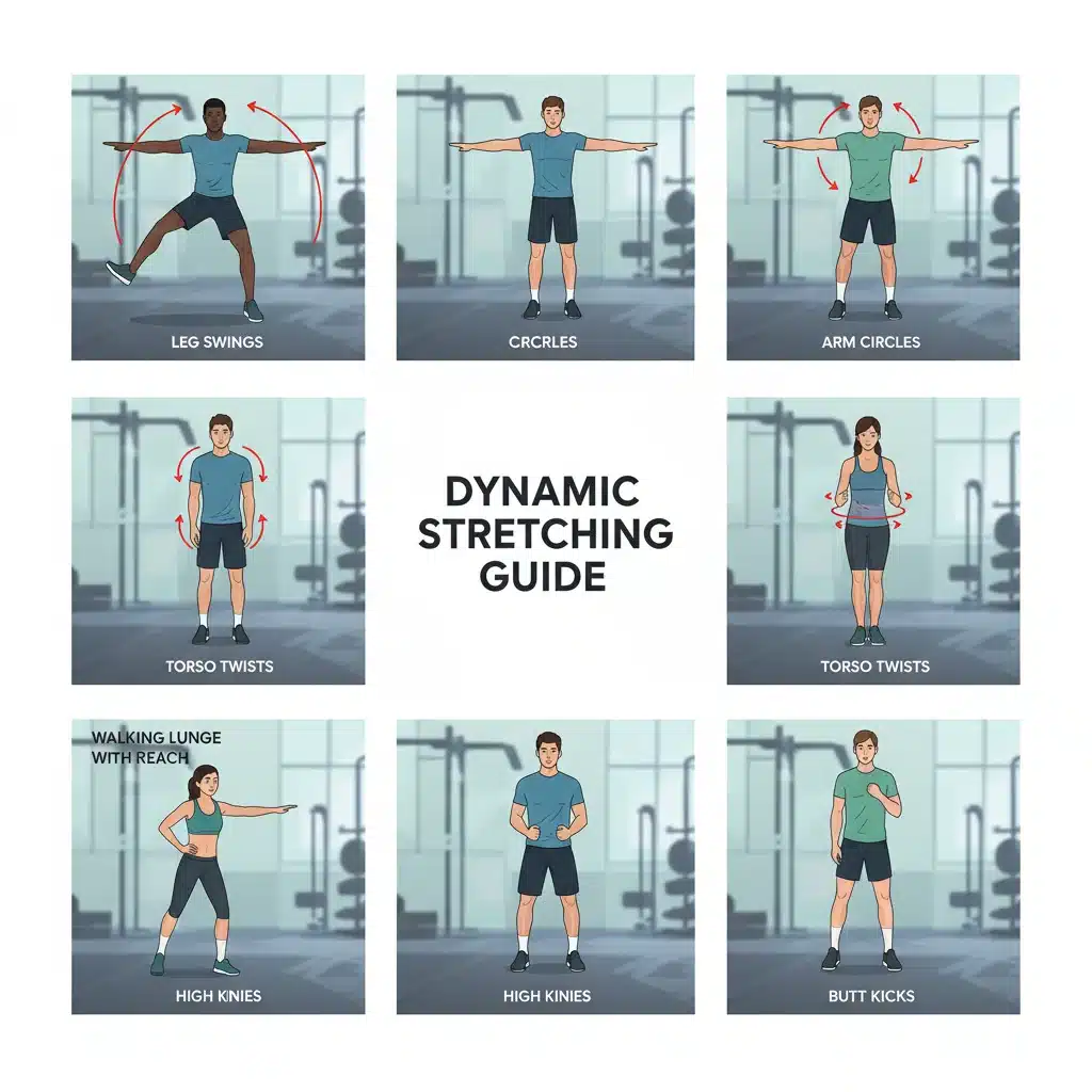 Ilustración de diferentes ejercicios de calentamiento dinámico para preparar el cuerpo.