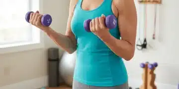 Deporte y Edad: Actividad Física Adaptada para Mayores de 50 en 2026 Mujer mayor de 60 años realizando ejercicios de fuerza con mancuernas ligeras en casa, demostrando buena forma.