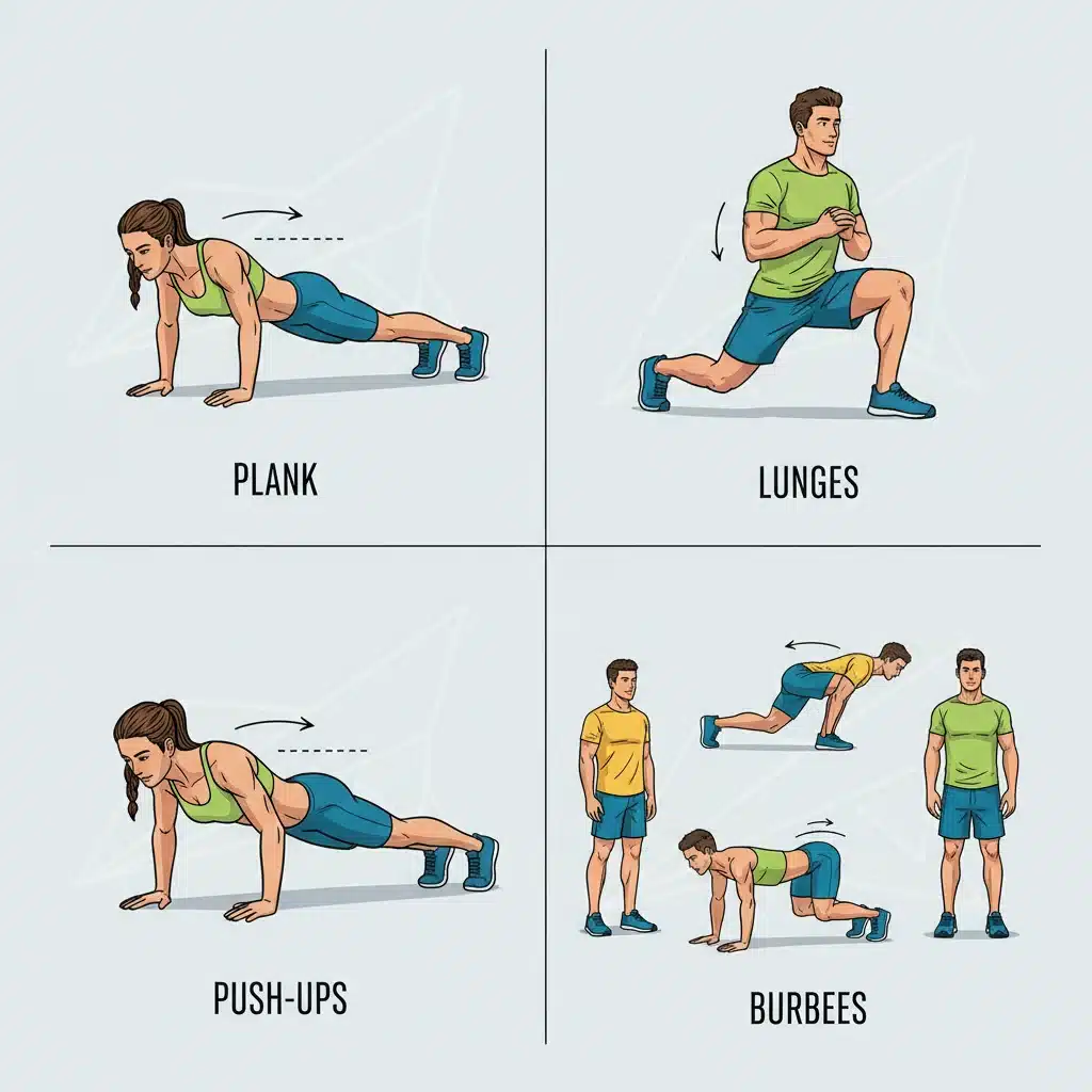 Ilustraciones de ejercicios funcionales clave: plancha, zancadas, flexiones y burpees para entrenamiento en casa.