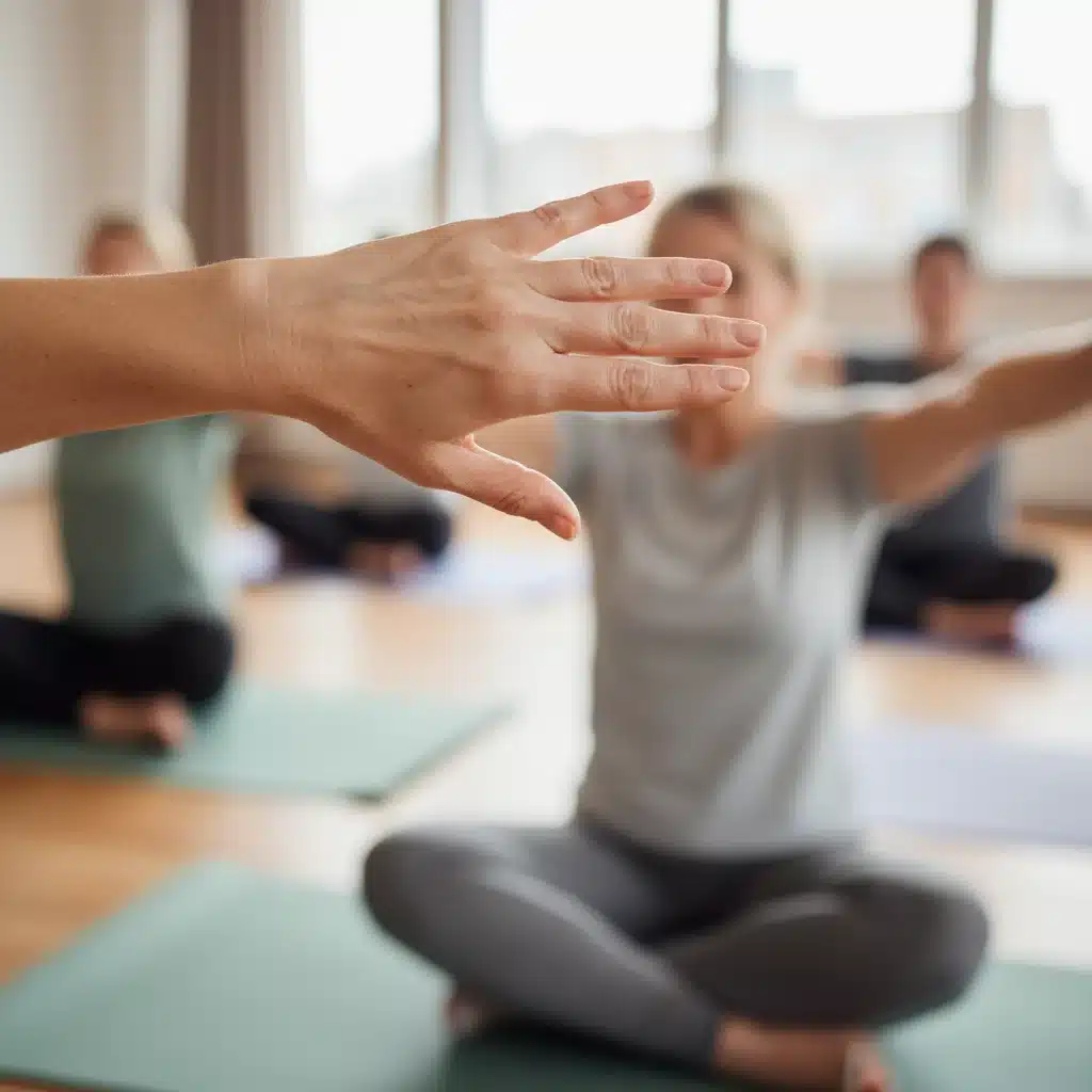 Manos de una mujer mayor realizando ejercicios suaves de estiramiento para mejorar la salud articular, en un entorno de clase de yoga.
